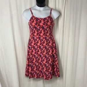 NEW Pact L Fit and Flare Racerback Floral Dress NWT Coral Pink Blue Built In Bra